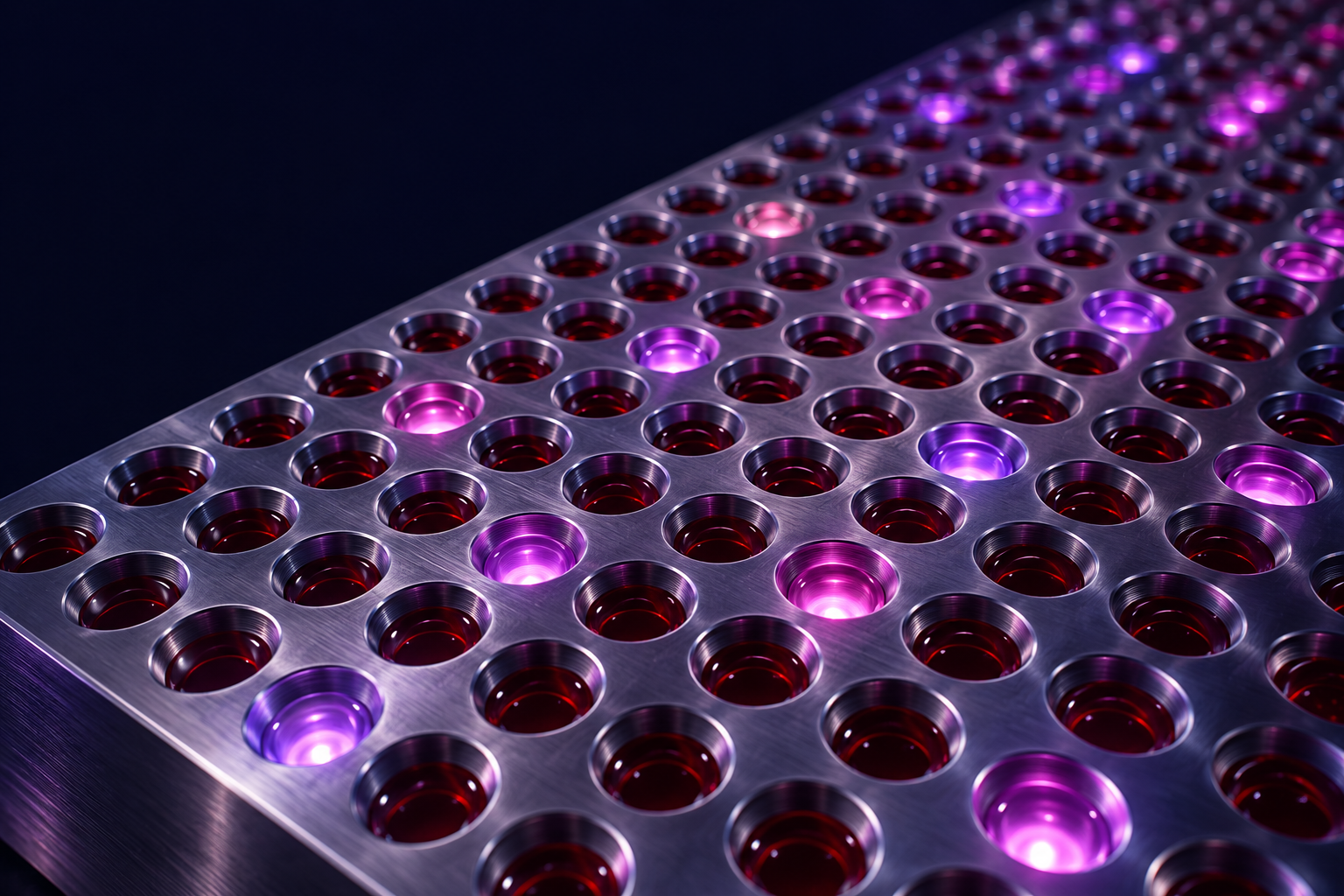 Conceptual 3D illustration of a metallic multiplexed plate, with many recessed wells containing small blood samples and varying violet and magenta fluorescence.