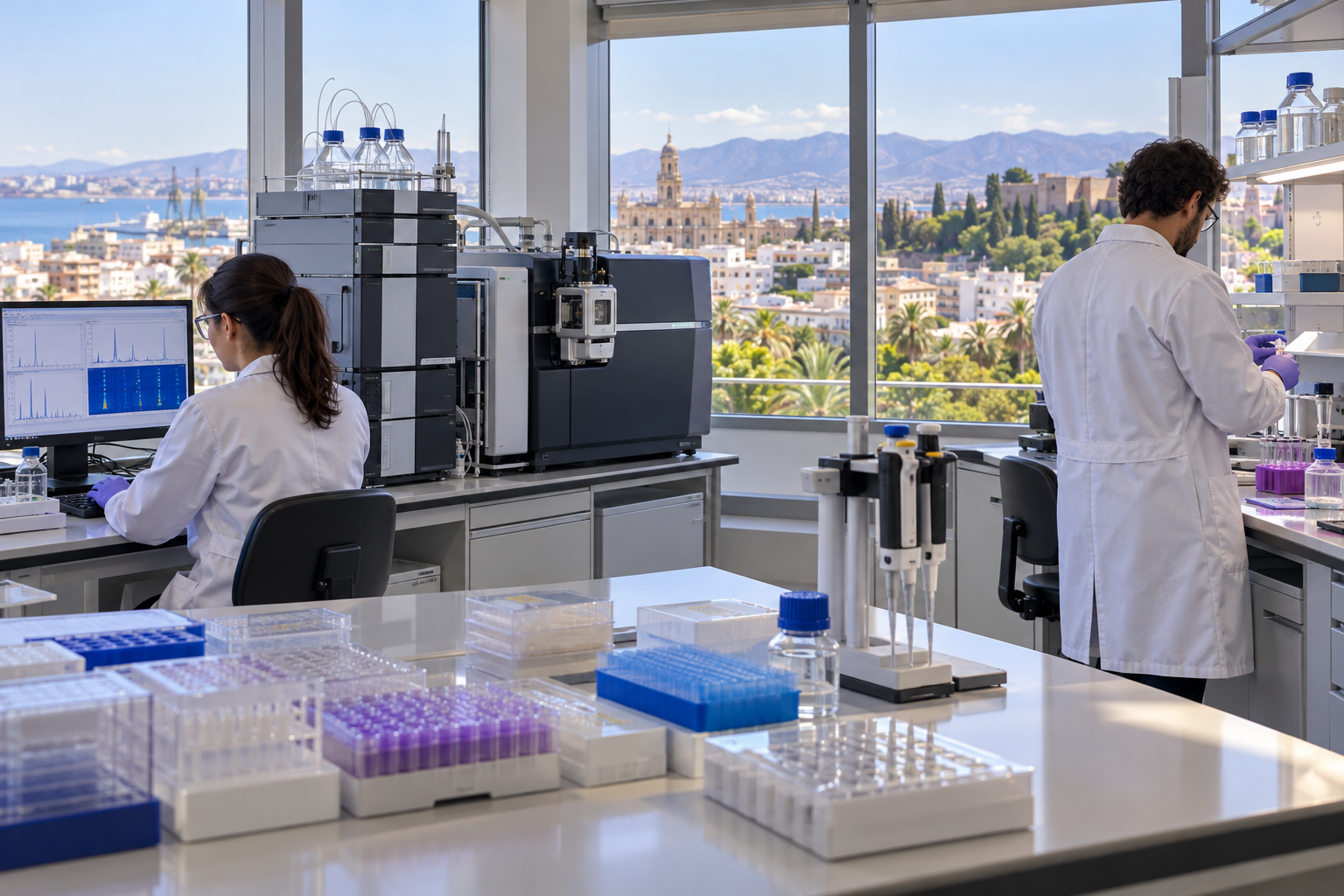 Illustrative laboratory scene with two researchers, analytical instruments and views inspired by Málaga