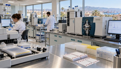 Laboratory with researchers, analytical instruments and views of Málaga